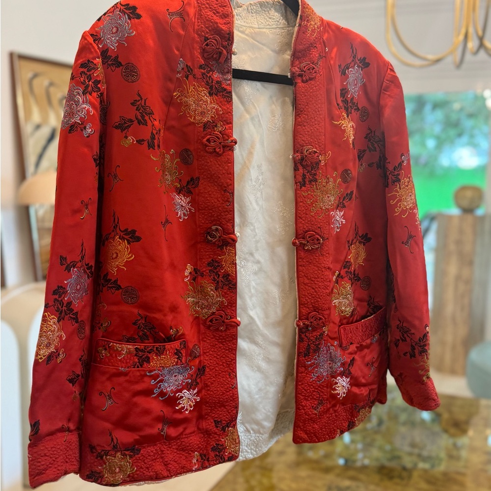 Vibrant Red Floral Blazer with Satin Sheen
